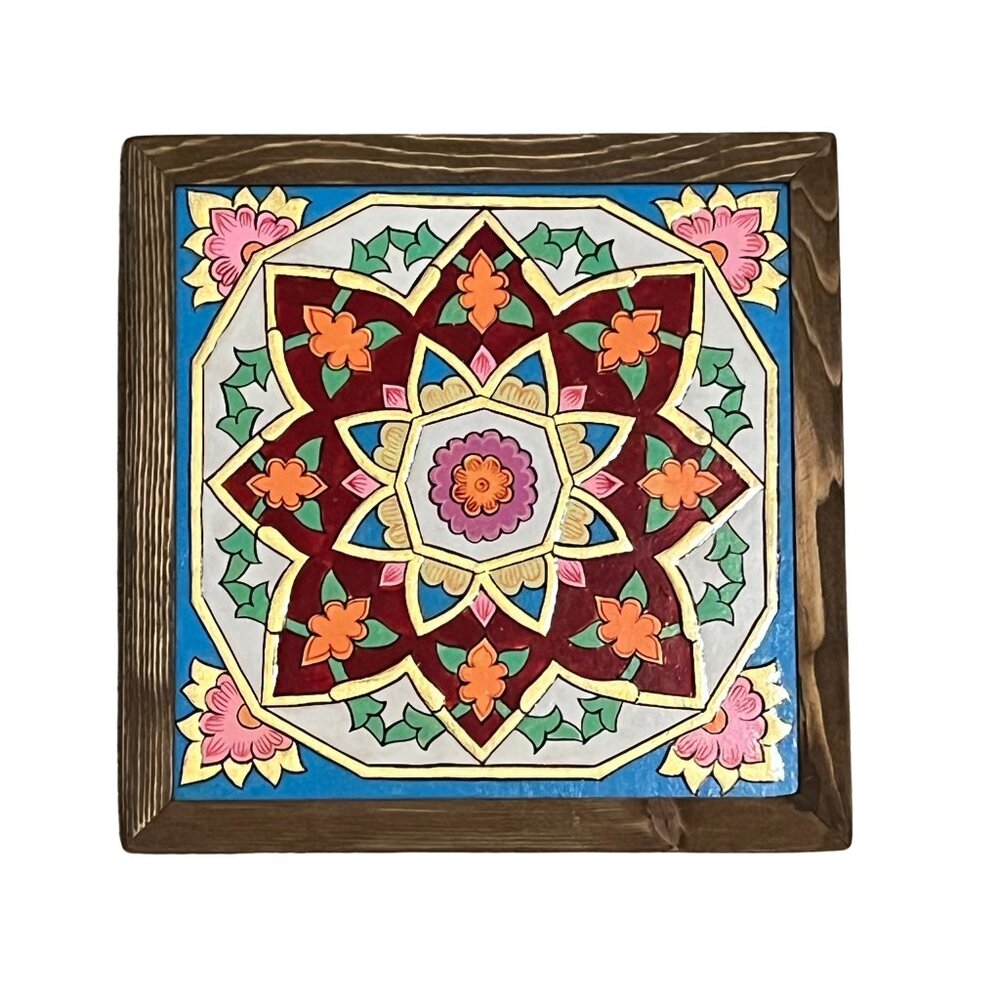 Tajik Traditional Pattern Multi Colored Decorative Painted Wood Tile Art